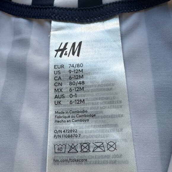 H&M Girls Navy Blue and White Striped One-Piece Long-sleeved Swimsuit 9-12M - Picture 4 of 9